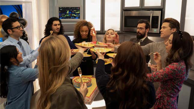 The Legends have a well-deserved pizza party aboard their timeship.