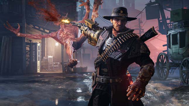An Evil West image of protagonist Jesse Rentier shooting a monster in the head with his back turned towards it.