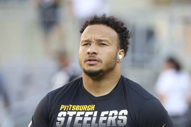 Aug 21, 2021; Pittsburgh, Pennsylvania, USA;  Pittsburgh Steelers guard Kendrick Green (53) looks on during warm ups against the Detroit Lions at Heinz Field.