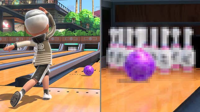 A screenshot from Nintendo's Switch Sports bowling mini-game, depicting a bowler about to get a strike.