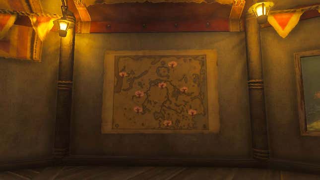 A map on a stable wall shows cherry blossom tree locations in Tears of the Kingdom.