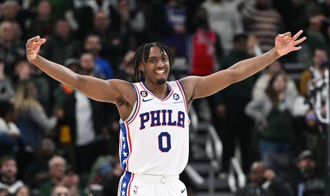 Mar 4, 2023; Milwaukee, Wisconsin, USA; Philadelphia 76ers guard Tyrese Maxey (0) celebrates making a three-point basket against the Milwaukee Bucks in the second half at Fiserv Forum.