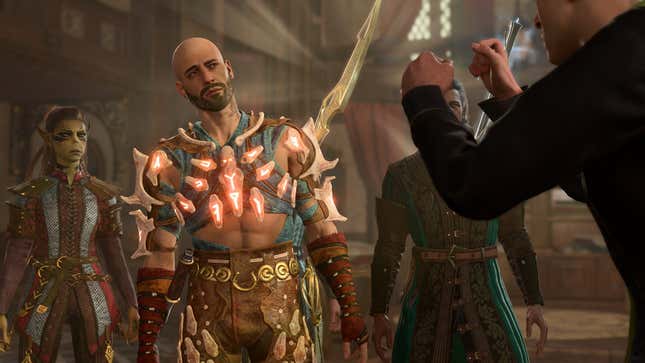 Lae'zel, Shep, and Gale are seen talking to an enthusiastic man.