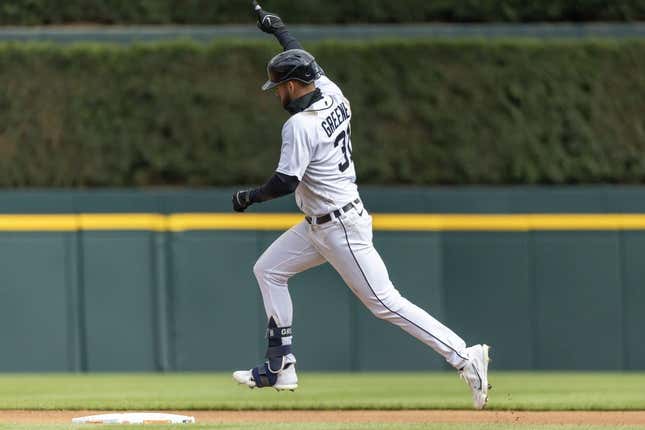 Apr 18, 2023; Detroit, Michigan, USA; Detroit Tigers center fielder Riley Greene (31) hits a solo home run against the Cleveland Guardians in the sixth inning at Comerica Park.