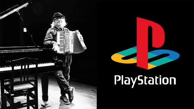 A collage of the PlayStation logo alongside a black and white photo of Tohru Okada leaning against a piano. 