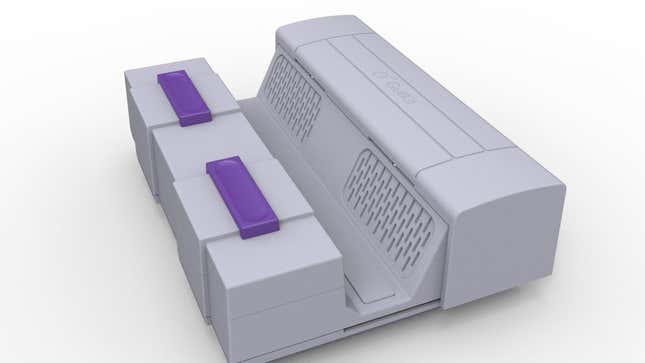 A GuliKit dock shaped like a SNES with the port slid back to expose a resting platform with vents.