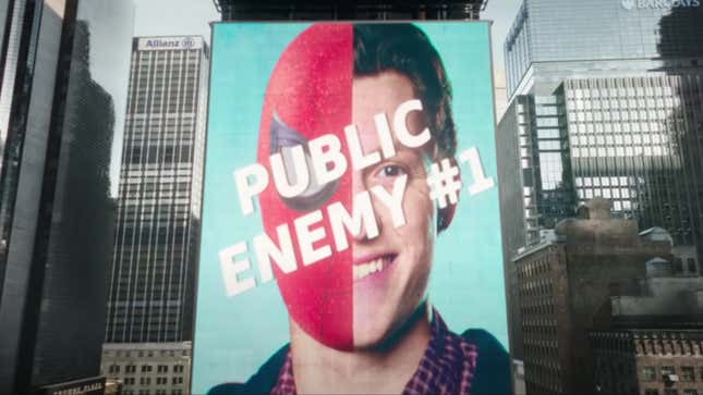 A giant electronic billboard labels Spider-Man and Peter Parker's faces as Public Enemy #1.
