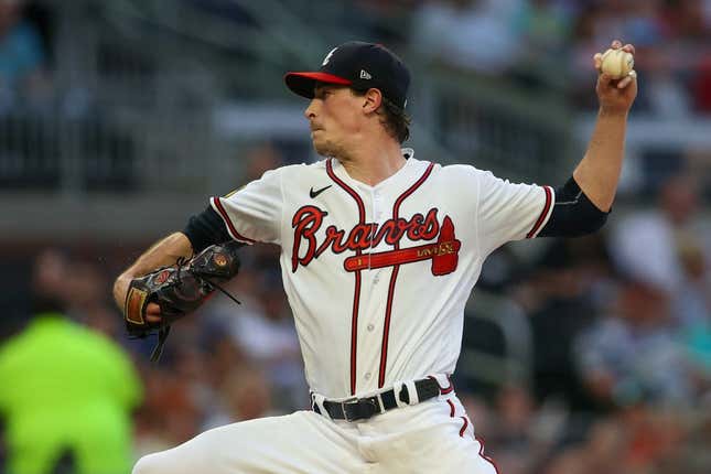Aug 14, 2023; Atlanta, Georgia, USA; Atlanta Braves starting pitcher Max Fried (54) throws against the New York Yankees in the second inning at Truist Park.