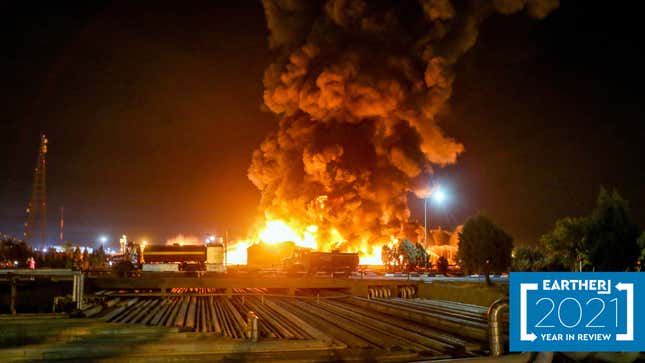 A fierce blaze broke out at the refinery in southern Tehran after a liquefied gas line leaked and exploded. Flames light up the night sky.