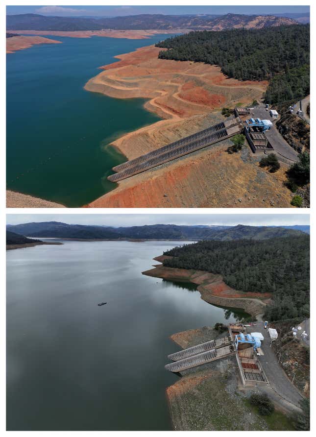 The Edward Hyatt Power Plant intake facility on Lake Oroville in July 2021 (top) vs. February 2023 (bottom). 