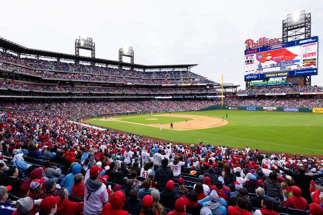 Apr 7, 2023; Philadelphia, Pennsylvania, USA; General view as Philadelphia Phillies shortstop Edmundo Sosa (33) hits a home run during the eighth inning against the Cincinnati Reds at Citizens Bank Park.