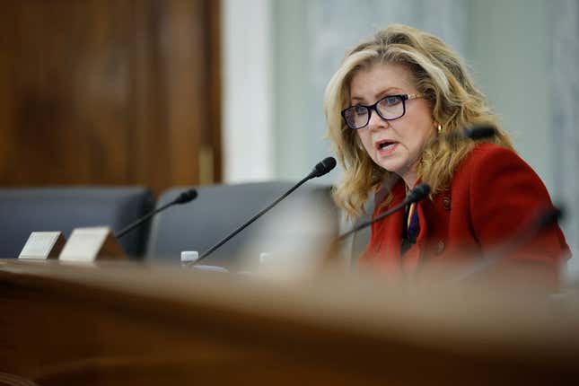 Sen. Marsha Blackburn (R-TN) participates in a Senate Commerce, Science, and Transportation Committee hearing on oversight of the airline industry in the Russell Senate Office Building on Capitol Hill on December 15, 2021, in Washington, DC