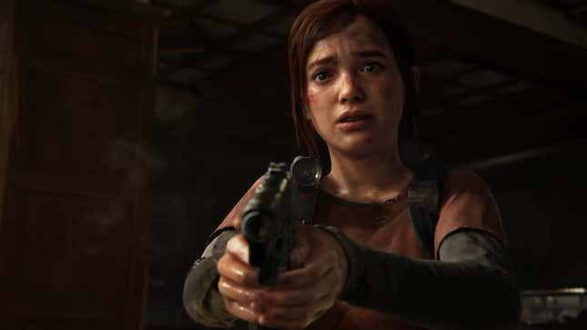Eliie is seen holding a gun pointed at something off-screen.