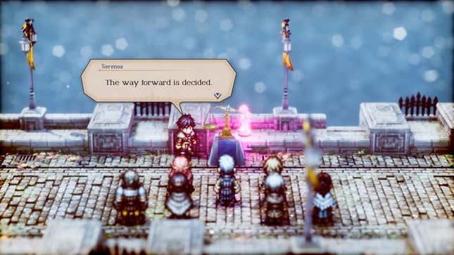 Pixel sprite warriors prepare for their next battle atop a bridge.