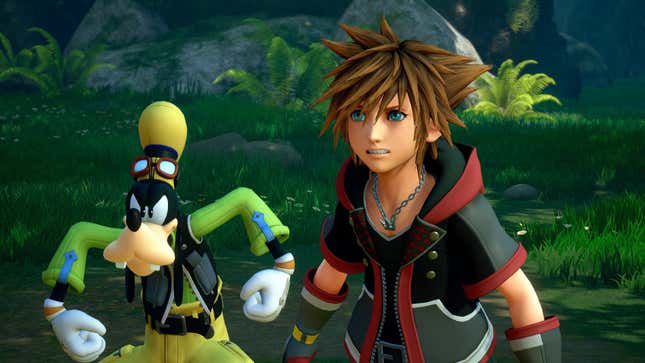 A screenshot from Kingdom Hearts III depicting protagonist Sora and side character Goofy gritting their teeth at someone off-screen.