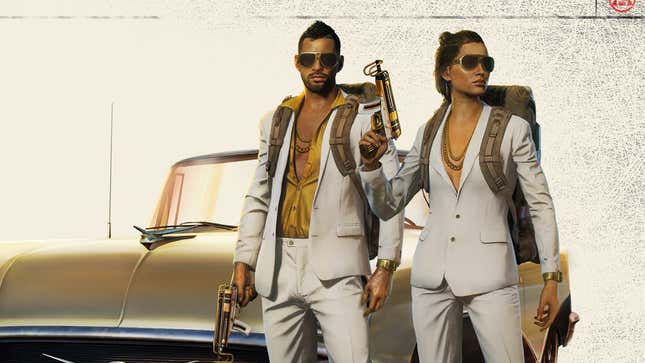Two soldiers wearing cream linen suits and standing in front of a bronze convertible in Far Cry 6.