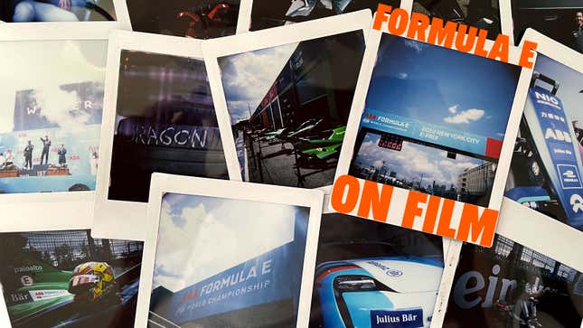 A photo of various instant film pictures from the New York E Prix with the caption "Formula E on Film".