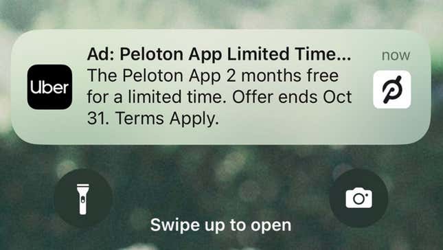 A screen shot of a Peleton ad in an Uber notification