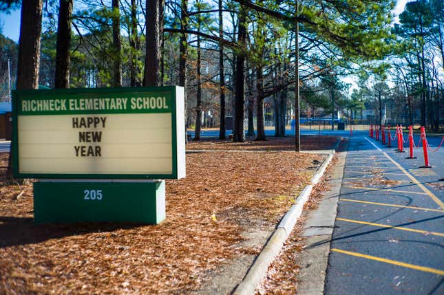 The marquee at the entrance of Richneck Elementary School wishes students and faculty a “Happy New Year” in Newport News, Va. on Monday Jan. 9, 2023. The Virginia teacher who authorities say was shot by a 6-year-old student is known as a hard-working educator who’s devoted to her students and enthusiastic about the profession that runs in her family. 