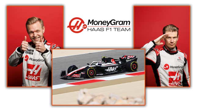 A collage of images of Kevin Magnussen, Nico Hulkenberg and the 2023 Haas F1 Car. 