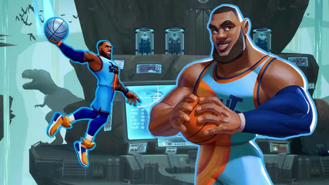 A cartoon version of Lebron James is depicted dunking a basketball in Batman's Bat Cave.