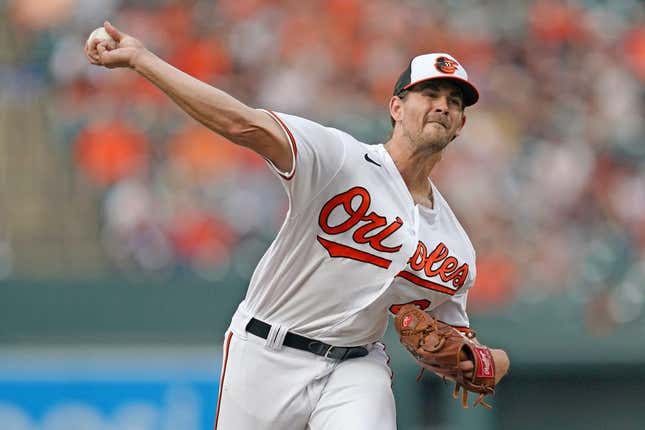 Jun 13, 2023; Baltimore, Maryland, USA; Baltimore Orioles starting pitcher Dean Kremer (64) delivers a pitch in the first inning against the Toronto Blue Jays at Oriole Park at Camden Yards.
