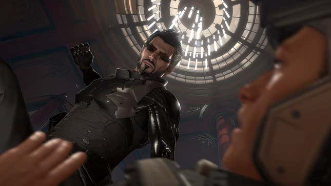 Adam Jensen winds up to punch some dude in the face. 