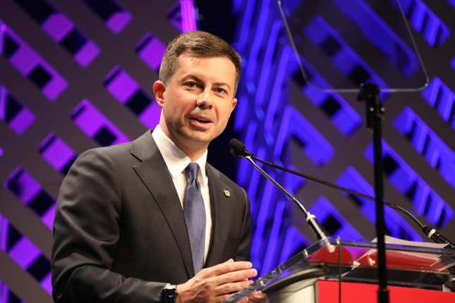 WASHINGTON, DC - JULY 22: Transportation Secretary Pete Buttigieg delivers remarks at the Plenary II: State of Black America: Combatting the Threat to Civil Rights &amp; Democracy during National Urban League Conference 2022 - Day 3 at Walter E. Washington Convention Center on July 22, 2022 in Washington, DC