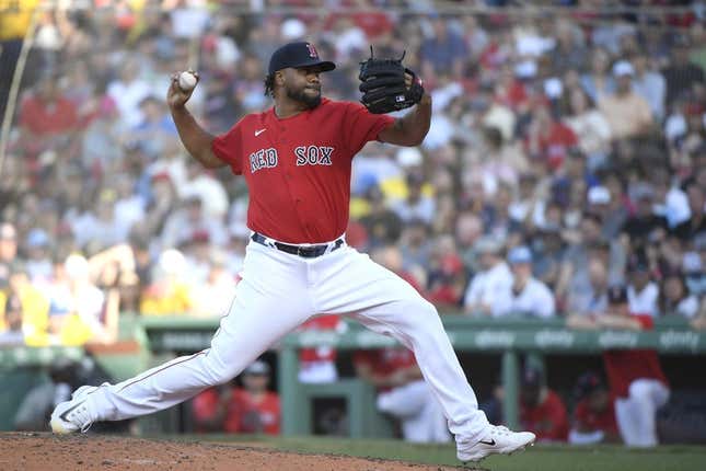 May 13, 2023; Boston, Massachusetts, USA; Boston Red Sox relief pitcher Kenley Jansen (74) pitches during the ninth inning against the St. Louis Cardinals at Fenway Park.