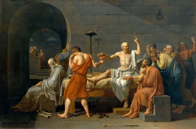 Jacques Louis David’s The Death of Socrates. An ugly man with an authorial voice.