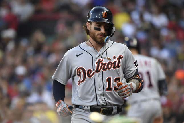 Aug 12, 2023; Boston, Massachusetts, USA;  Detroit Tigers catcher Eric Haase (13) heads to the dugout after hitting a home run against the Boston Red Sox during the fifth inning at Fenway Park.
