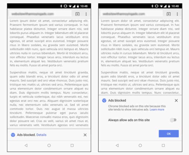 Chrome’s ad-filtering feature on Android.