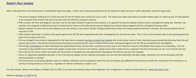 I would rather not link to Vox Day’s blog, so here’s a screenshot of his statement.
