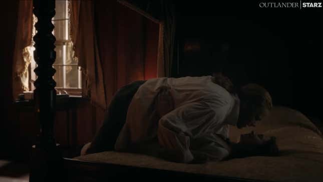 Jamie sensually leads Claire to a sensuous bed.
