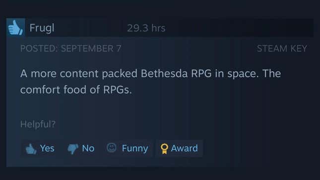 Snímek obrazovky zobrazující recenzi Starfield Steam.