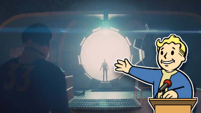 A cartoon Vault Boy shows a screenshot from the Fallout TV show.