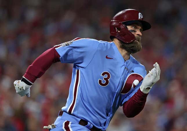 Nov 3, 2022; Philadelphia, Pennsylvania, USA; Philadelphia Phillies designated hitter Bryce Harper (3) runs to second base after hitting a double against the Houston Astros during the fifth inning in game five of the 2022 World Series at Citizens Bank Park.