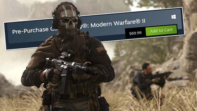 A masked soldier walks through a field carrying a gun and behind him is the price of MW2 on Steam. 