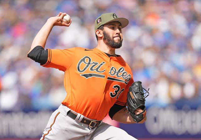 May 20, 2023; Toronto, Ontario, Canada; Baltimore Orioles starting pitcher Grayson Rodriguez (30) pitches during the first inning against the Toronto Blue Jays at Rogers Center.