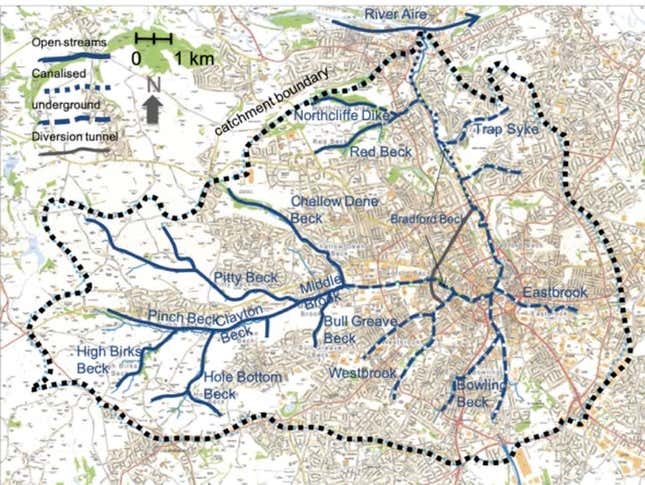 A map showing where the Bradford Beck flows