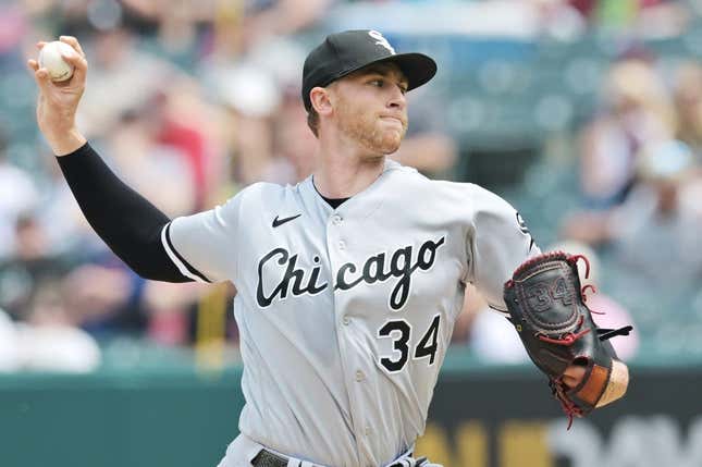 May 24, 2023;  Cleveland, Ohio, USA;  Chicago White Sox starting pitcher Michael Kopech (34) throws a pitch in the first inning against the Cleveland Guardians at Progressive Field.