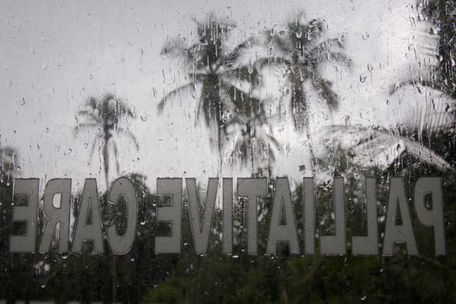 Palm trees are seen through a window of a palliative care ambulance on a rainy day in Kerala, India.