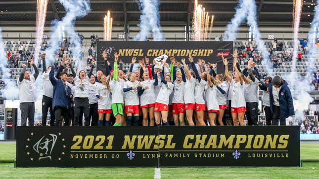 LOUISVILLE, KY - NOVEMBER 20: The Washington Spirit raises the NWSL trophy after a game between Chicago Red Stars and Washington Spirit at Lynn Family Stadium on November 20, 2021 in Louisville, Kentucky. (Photo by Brad Smith/ISI Photos/Getty Images)