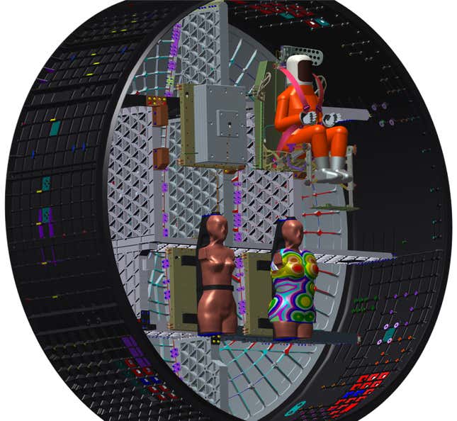 Diagram showing the seating configuration for the three manikins, with Campos up top, Helga at bottom left, and Zohar, wearing the radiation vest, at right.