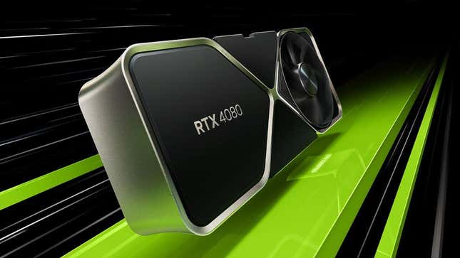 An RTX 4080 graphics card black and silver skating along neon green lines.