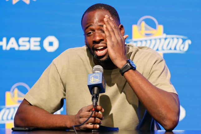 Golden State Warriors’ Draymond Green speaks during an NBA basketball news conference Saturday, Oct. 8, 2022, at Chase Center in San Francisco, Calif.. Green made a statement and took questions from members of the news media after an incident where Green punched teammate Jordan Poole during practice.