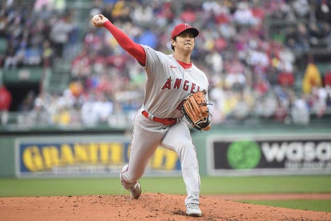 Apr 17, 2023; Boston, Massachusetts, USA;  Los Angeles Angels starting pitcher Shohei Ohtani (17) pitches during the first inning against the Boston Red Sox at Fenway Park.