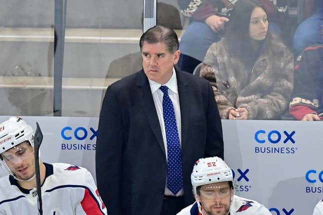 Jan 19, 2023; Tempe, Arizona, USA; Washington Capitals head coach Peter Laviolette looks on in the second period against the Arizona Coyotes at Mullett Arena.