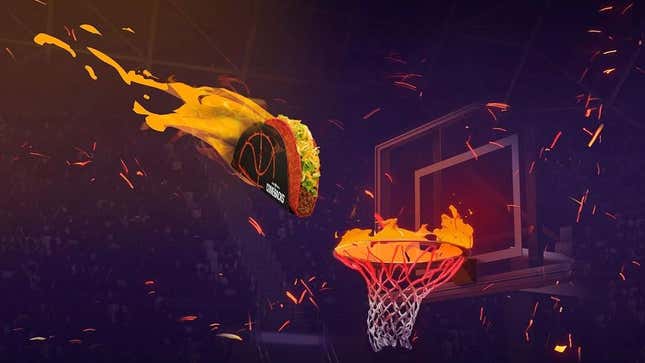 Graphic of Loco Taco flying into flaming basketball hoop