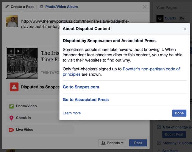 Image for article titled This is now what happens when you try to post fake news on Facebook